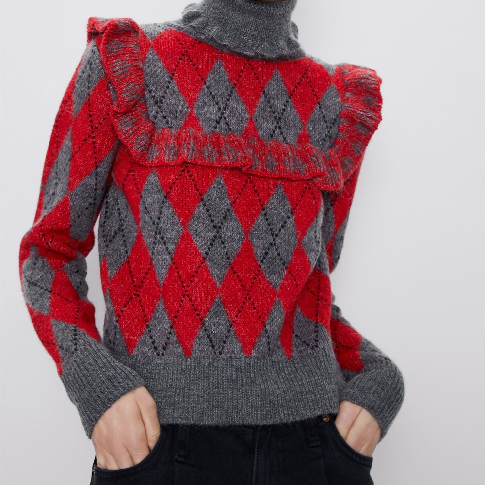 ZARA NWOT argyle sweater red wool turtleneck S